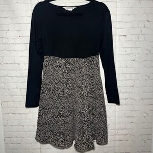 Vintage 1990s Express Dress Black & White Floral Long Sleeve Fit &‎ Flare Size M
